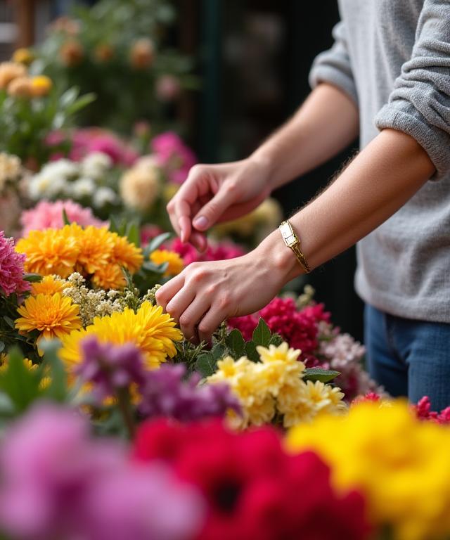 Florist carefully selecting fresh flowers from a local market stall.