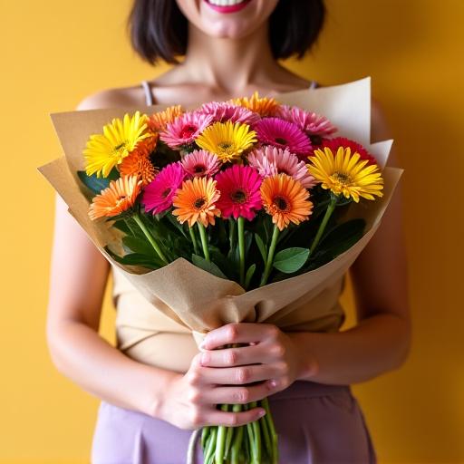 A person holding a vibrant bouquet of fresh flowers wrapped in kraft paper.