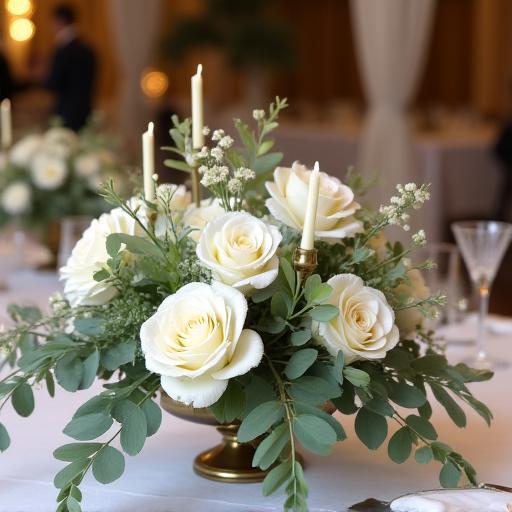 Elegant wedding table centerpiece with white roses and eucalyptus.
